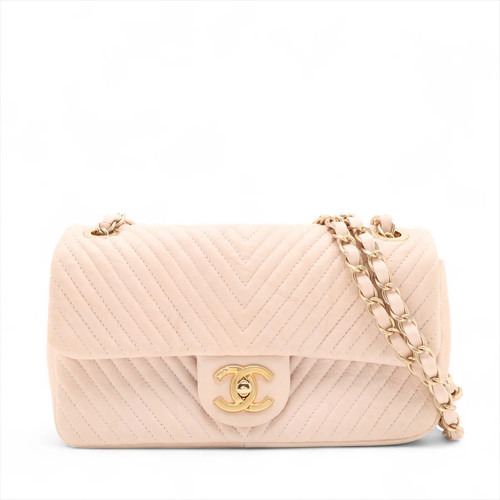Chanel Chevron Leather Single Flap Double Chain Bag V Stitch Beige Gold Metal Fi
