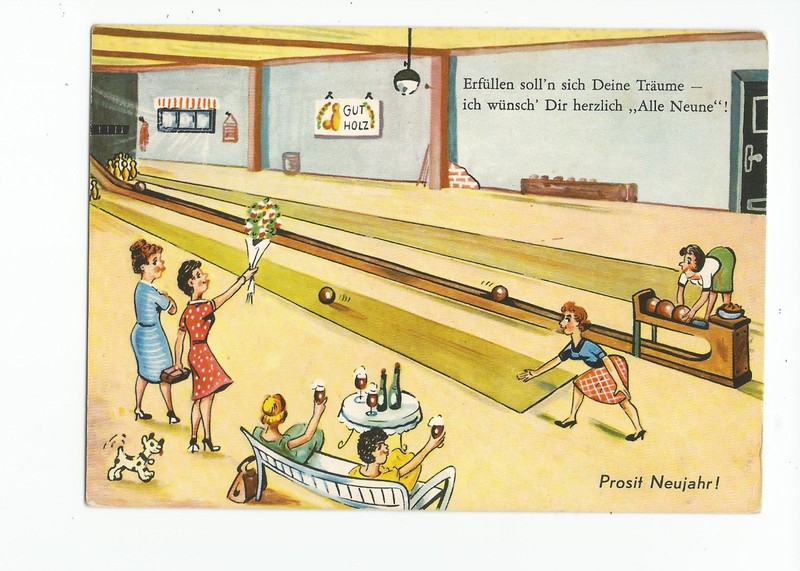 Postcard: Prosit Neujahr! Women Bowling: May your dreams come true - New Year
