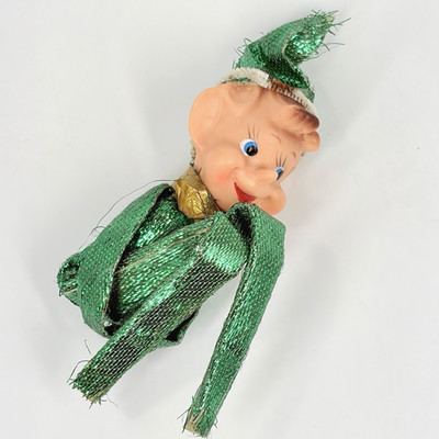 Vintage Green Metallic Lurex Knee Hugger Pixie Elf Christmas Ornament 4.5'' MCM