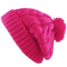 Winter Thick and Warm Pom Pom Fleece Lined Skully Knit Beanie Hat Hot Pink