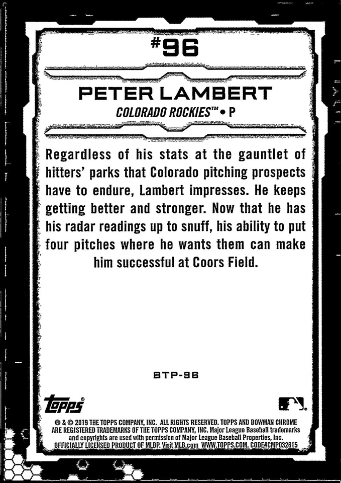 2019 BOWMAN CHROME #BTP-96 PETER LAMBERT TOP 100 REFRACTOR - Image 2 of 2