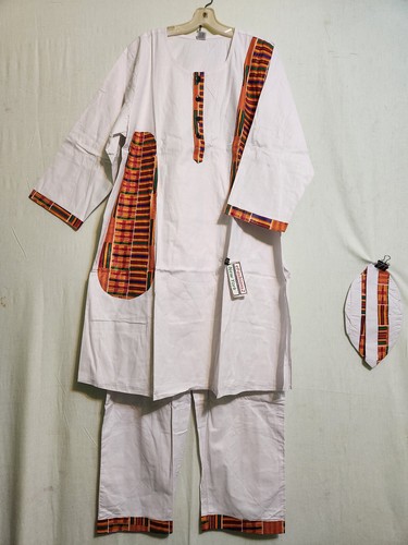 Men African Long Dashiki Pant Suit With Kente Print Patches White Free Size - Picture 8 of 12