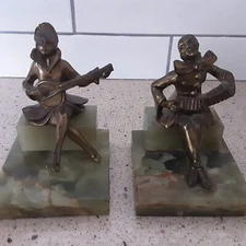 Antique Spelter Art Deco Style Minstrel/Pierrot Clown Bookends on Marble