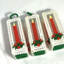 HANDCRAFTED Vintage 3 Pc NEEDLEPOINT CHRISTMAS ORNAMENTS Plastic Canvas CANDLES