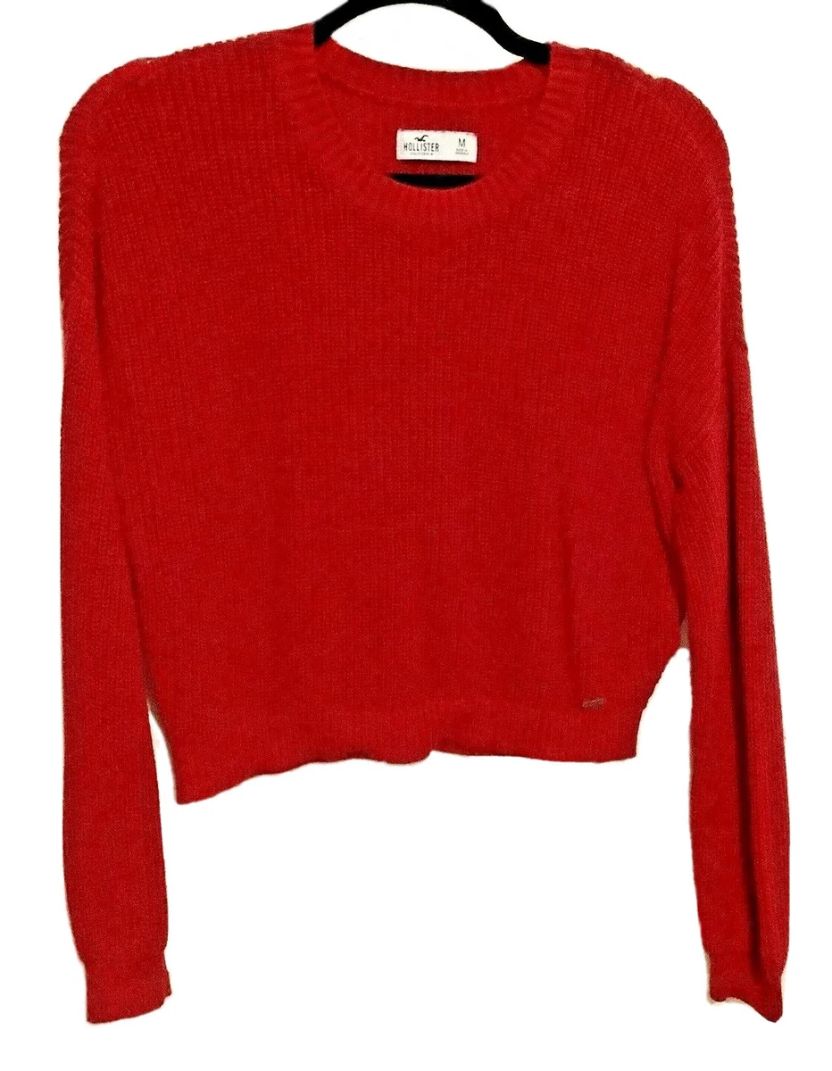 HOLLISTER - Women (jrs) Size Medium, Crop Length Sweater Solid Red Long  Sleeve