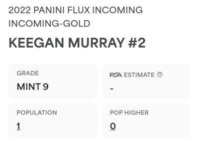 2022-23 Panini Flux Keegan Murray Incoming #2 Gold 3/10 Rookie PSA