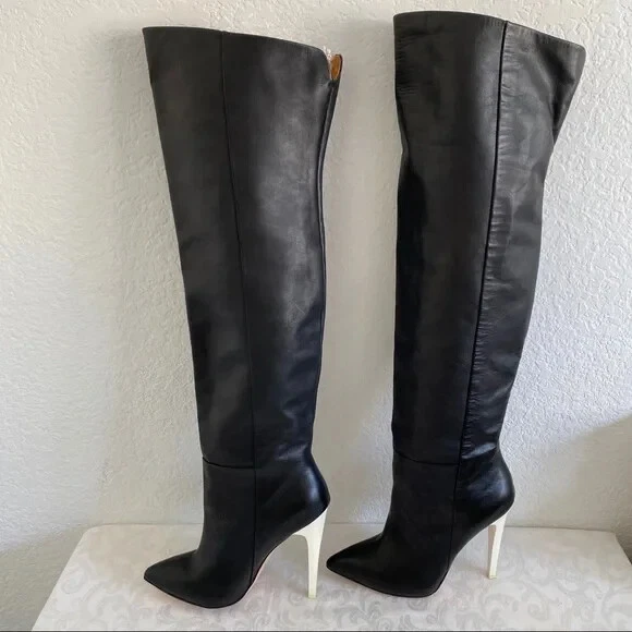 8,5 L.A.M.B. Hylda над колена ботинки из черной кожи белый 5» каблук | сексуальный, шикарный - Изображение 3 из 4