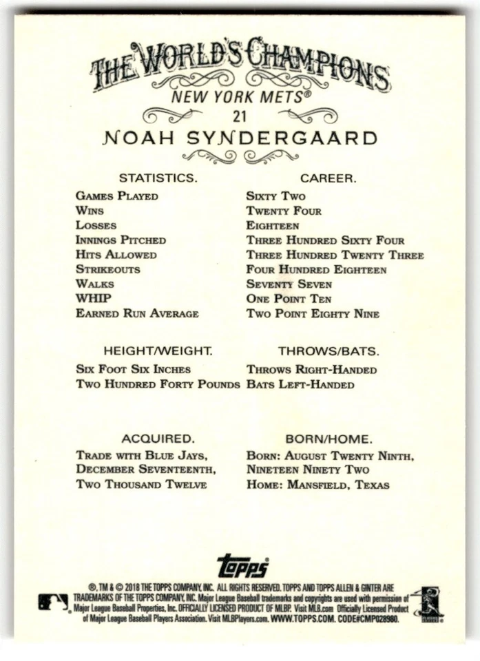 2018 Topps Allen & Ginter Noah Syndergaard #21 New York Mets - Image 2 of 2