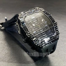 Men Hip Hop Watch Iced Bling Black Baguette Stone Silicone Band Luxury Fashion