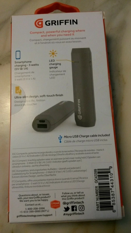 Griffin 2,600 mAh Reserve Power Bank Portable USB Charger Black - Image 2 of 2