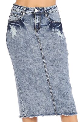 Women's Juniors/Plus Size Middle Length Stretch Denim Distressed Pencil  Skirt