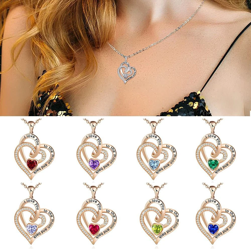 Love You to The Moon and Back Birthstone Necklace Clavicle Chain Heart Necklace