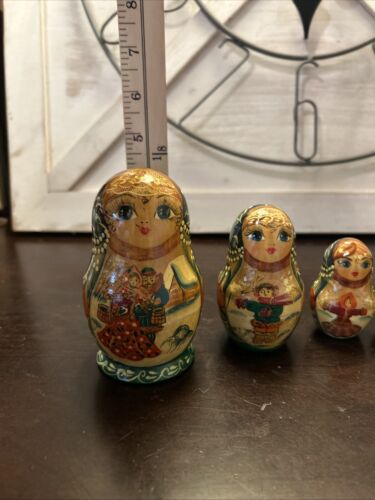 Artist Signed Winter Russian Hand Painted Matryoshka 5 Pce Nesting Doll - Picture 18 of 23