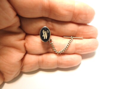 Etched Cursive Initial W or M Black Oval Silver Tone Tie Tac Lapel Pin Vintage