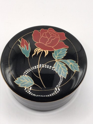 VTG Otagiri Japan Crimson Rose Black Porcelain Round Trinket Box - 第 1/11 張圖片