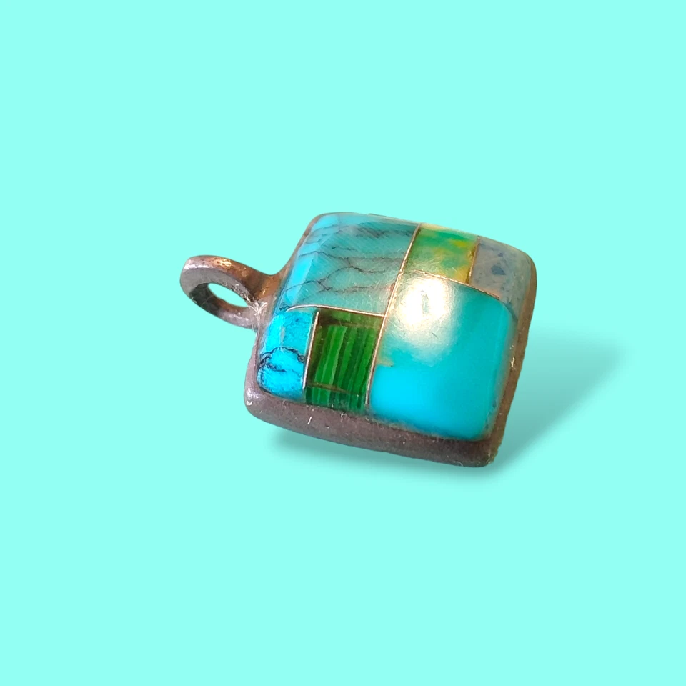 Vtg Natural Turquoise Malachite Inlay Pendant Pewter Old Pawn Southwest Native - Image 2 of 4
