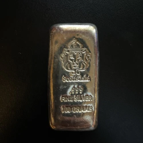 100 Gram Cast Silver Bar by Scottsdale Mint .999 Silver Bullion - 100g