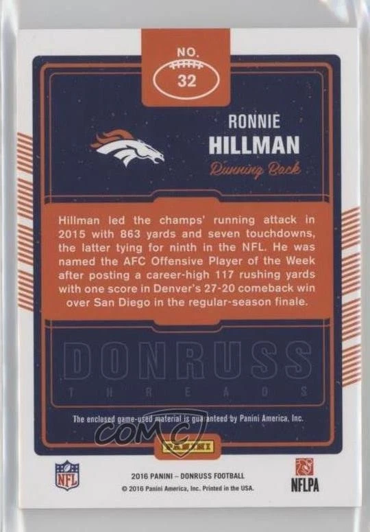 2016 Donruss Threads Prime /25 Ronnie Hillman #32 - Image 2 of 2