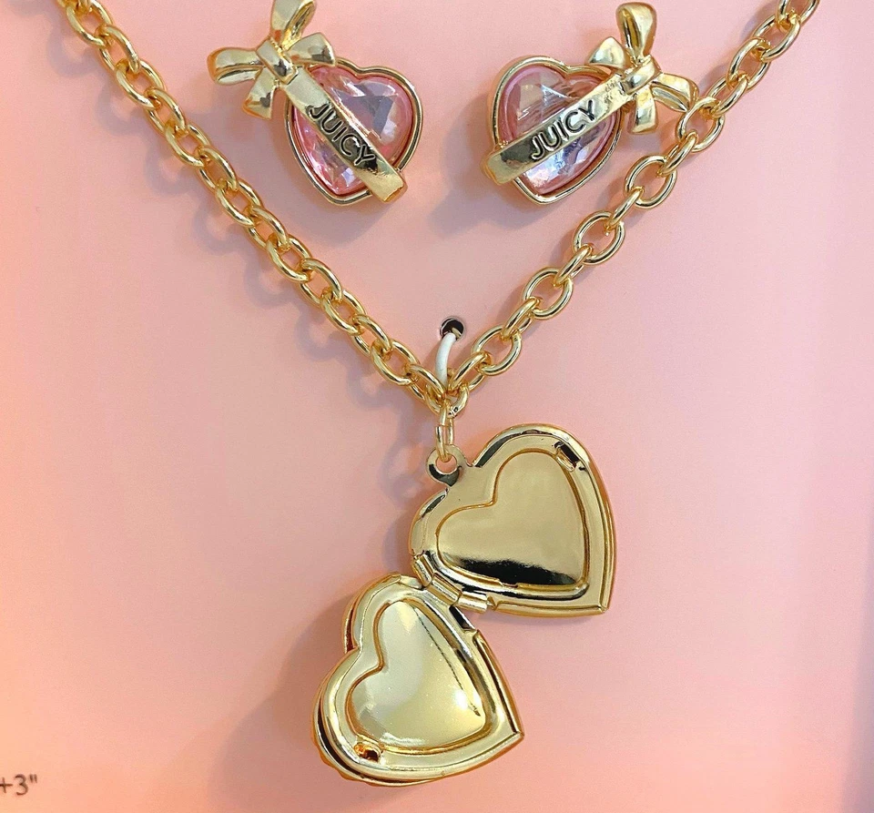Juicy Couture Oro Rosa Corazón Cristal Dije Medallón Collar y Pendientes Conjunto Nuevo en Caja Foto 3 de 4