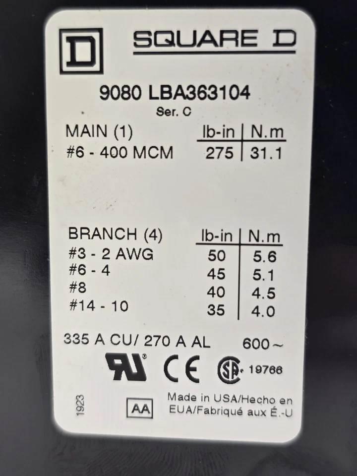 Square D 9080LBA363104 Power Distribution Terminal Block 335A 600V 3P 6-400 MCM - Image 3 of 4