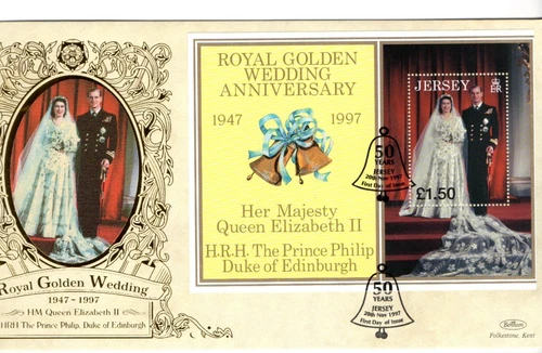 1997 JERSEY - ROYAL GOLDEN WEDDING M/S BENHAM SILK FDC FROM COLLECTION N50