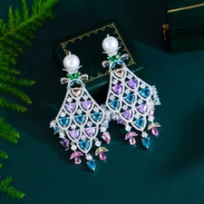 Cubic Zirconia Multicolor Long Pearl Chandelier Drop Dangle Bridal Party Earring