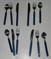 w6 Picnic Time Stainless DARK BLUE Plastic Handle Butter Knife Fork Spoon 4 Sets
