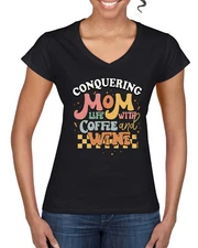 Conquering Mom Life With Coffee and Wine Checkered Stars Women Standard Vneck