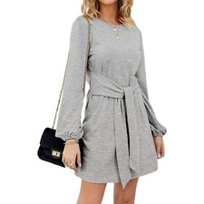 Tobrief Gray Dress Long Lantern Sleeve Knit Short Tie Waist Sweater size Small