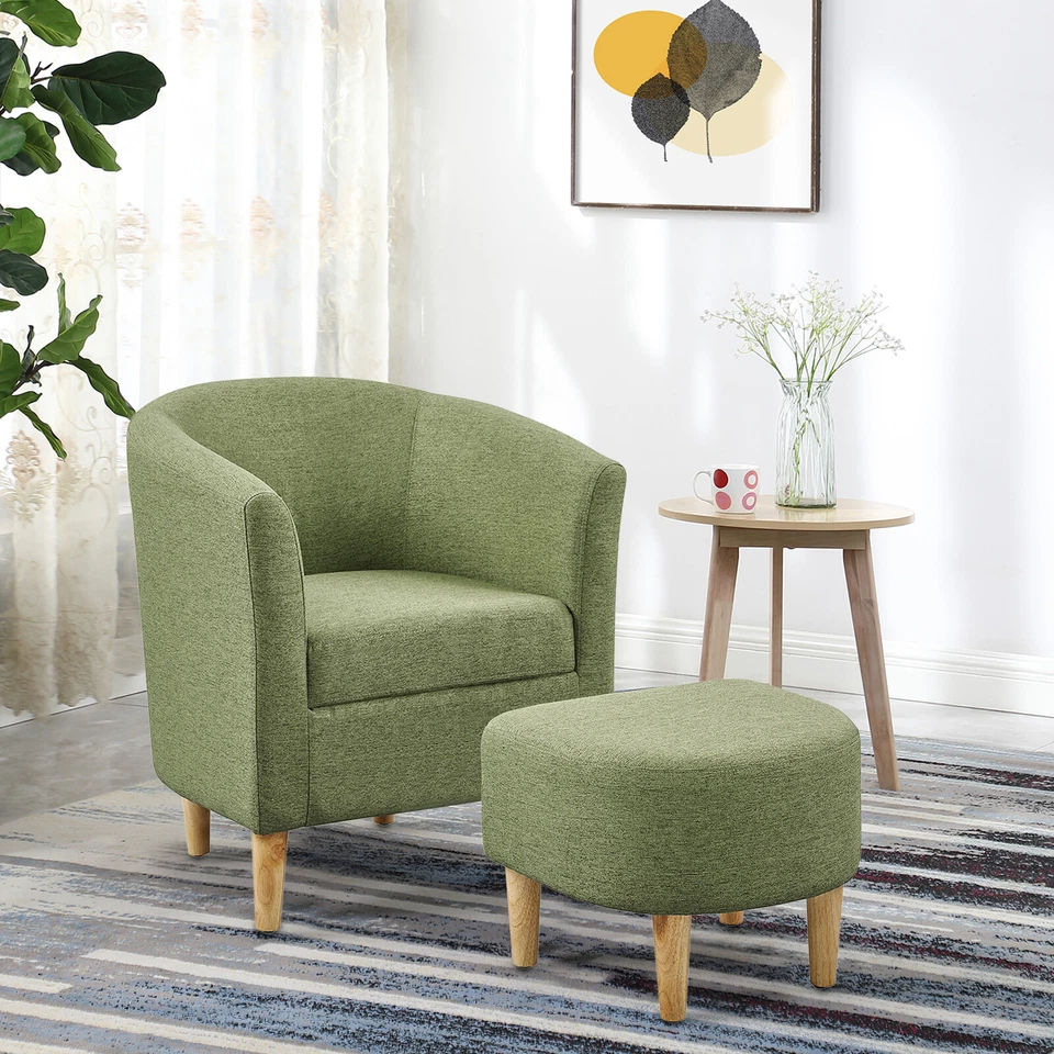Accent Arm Chair Linen Fabric Upholstered Single Sofa With Ottoman Living Room  - Image 3 of 4