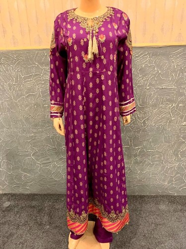 Pakistani Purple long frock Style Embroidered linen dress,Large - Picture 4 of 12