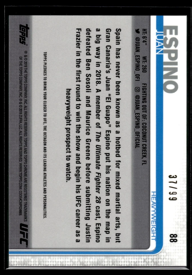 Juan Espino 2019 Topps Chrome UFC Green Refractor Card /99 #88 - Image 2 of 2