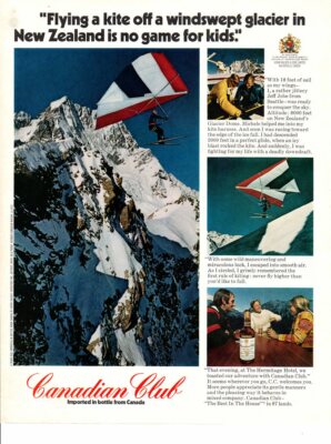 Vintage advertising print Alcohol Canadian Club New Zealand glacier kite ski 72
