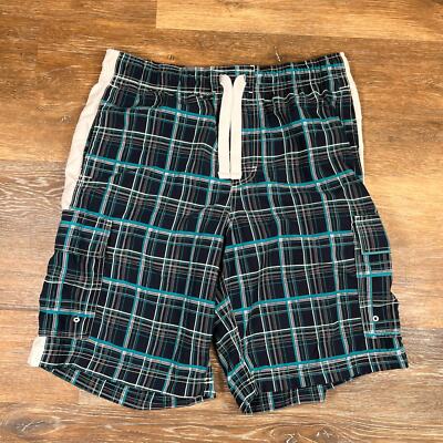 Nike Mens Cargo Swim Shorts Drawstring Trunks Blue Plaid Print Pockets Nike  Logo
