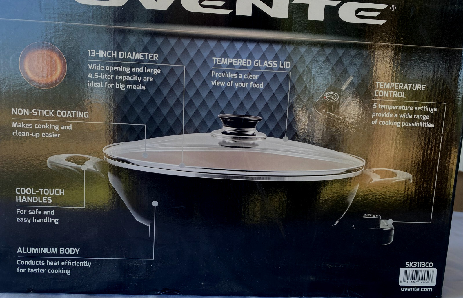 OVENTE Electric Wok with Non-Stick Coating, 13" Family-Sized Skillet SK3113CO
