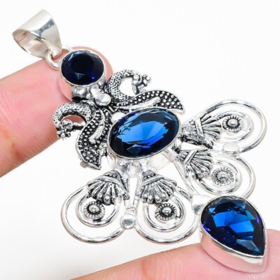 London Blautopas Edelstein handgefertigt 925 Sterlingsilber Schmuck Anhänger ...