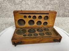 Vintage Laboratory Apothecary Brass Scale Metric Weight Wooden Box Set