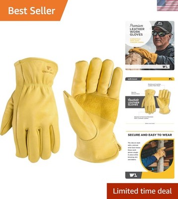 Leather Work Gloves for Men   Grain Cowhide, Reinforced Palm   Ideal for Cons...