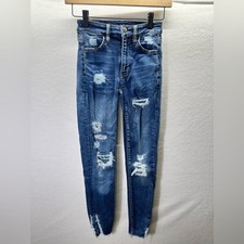 American Eagle Super Hi-Rise Jegging Jeans Womens 00 Short Blue Distressed 2196