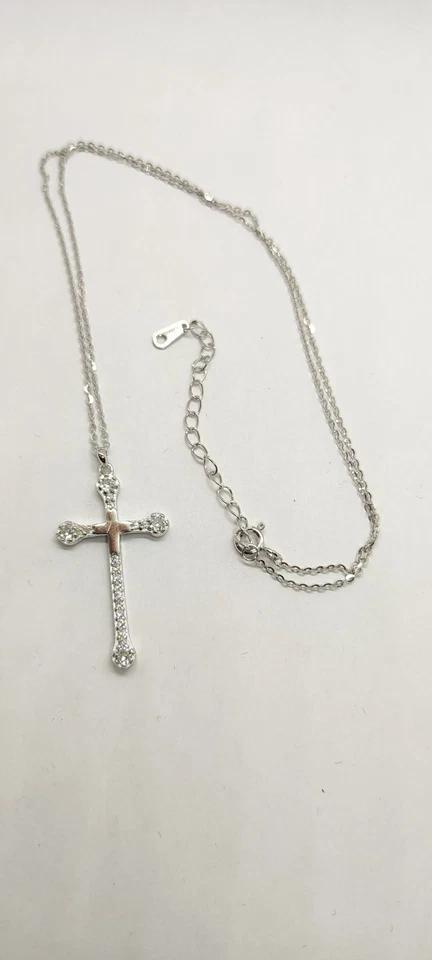 collana Donna con croce argento 925 rodiato . croce con zirconi Catenina 50 cm - Immagine 4 di 4