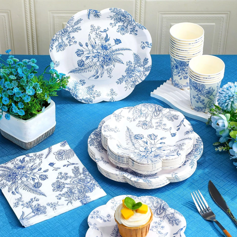250 Pcs Blue Floral Disposable Plates and Napkins Blue and White Floral Paper... - Image 4 of 4
