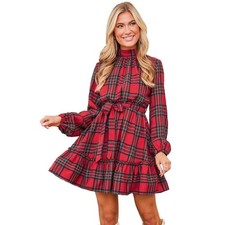 Cupshe Dress Women Medium Red Plaid Tiered Ruffle Mock Neck Long Sleeve Mini NWT