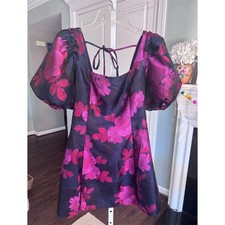 Lucy Paris XS Floral Jacquard Mini Dress Puffed Sleeves Party Cocktail Navy Blue