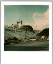 Vtg Polaroid Snapshot Photo Large Cruise Ship Docked Port People Cars