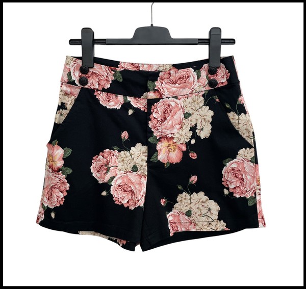 PORTMANS Black Floral High Waisted Stretch Tailored Shorts Pockets Size 10