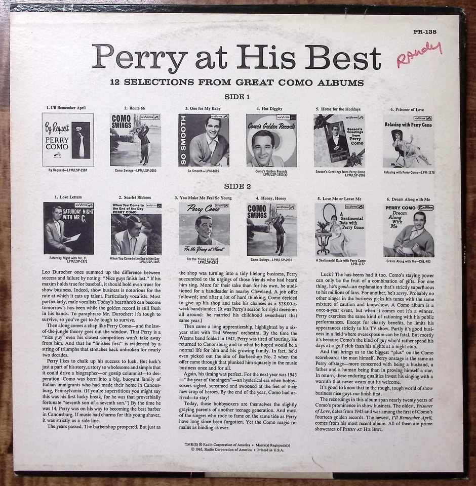PERRY COMO PERRY AT HIS BEST RCA VICTOR RECORDS VINYL LP 199-7 Foto 2 de 4