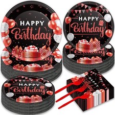 200PCS Red Black Birthday Party Set Confetti Plates Napkins Forks for 50 Guests