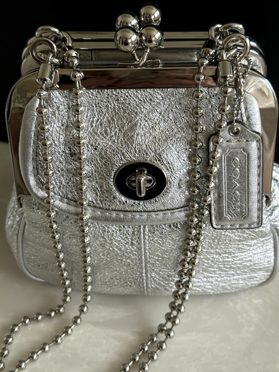 COACH METALLIC SILVER LEATHER DOUBLE KISSLOCK SATCHEL BEAD