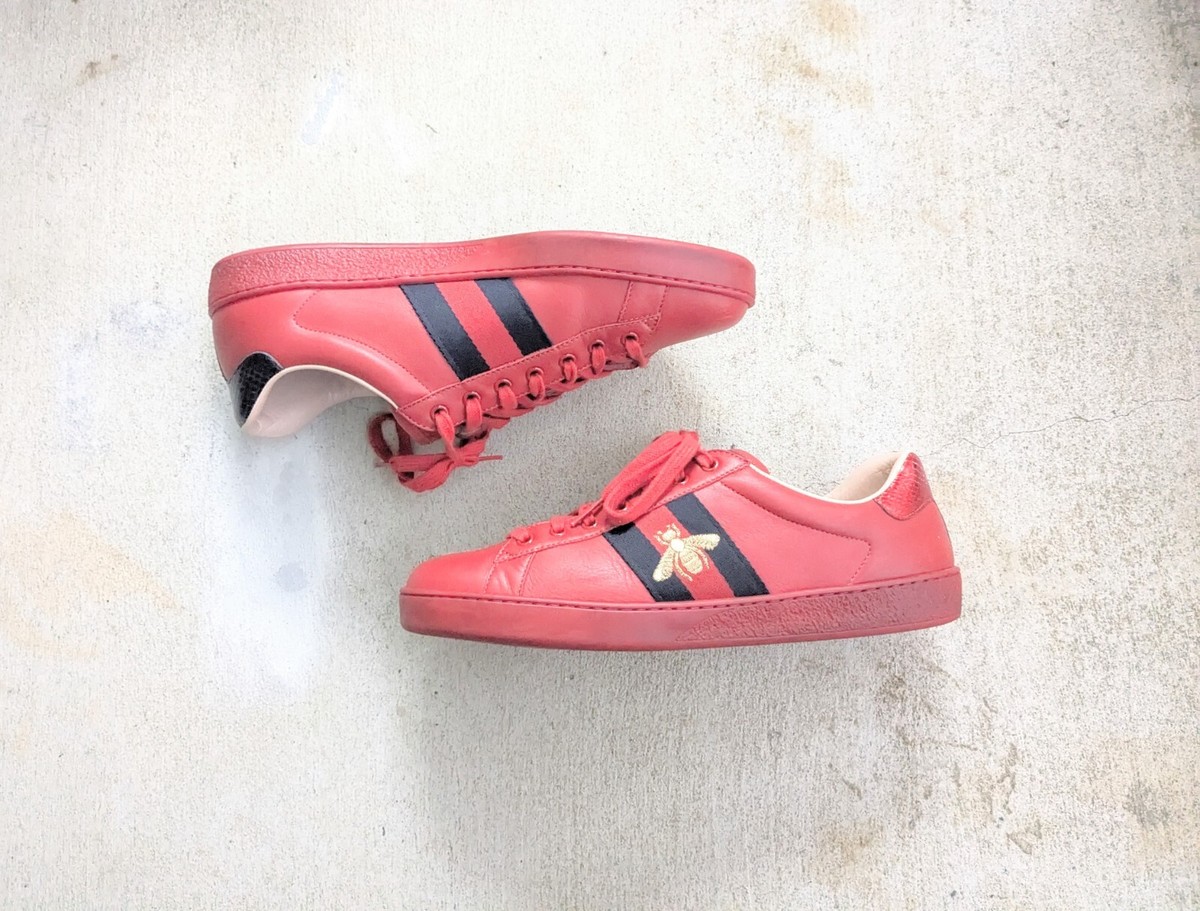 Gucci Ace Sneakers Bee Red Men 9.5 Leather Shoes Low Tops 429446