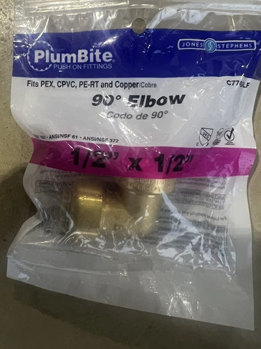 PlumBite JonesStephens C77425LF 1/2" X 1/2" Lead Free Push On 90 DEG ELBOW NISP  - Picture 3 of 3
